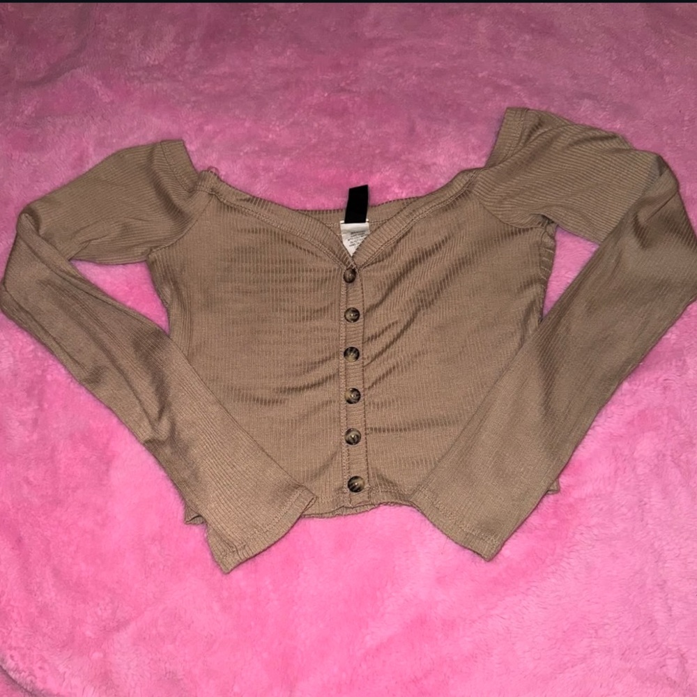 Brown Off-Shoulder Button-Up Top